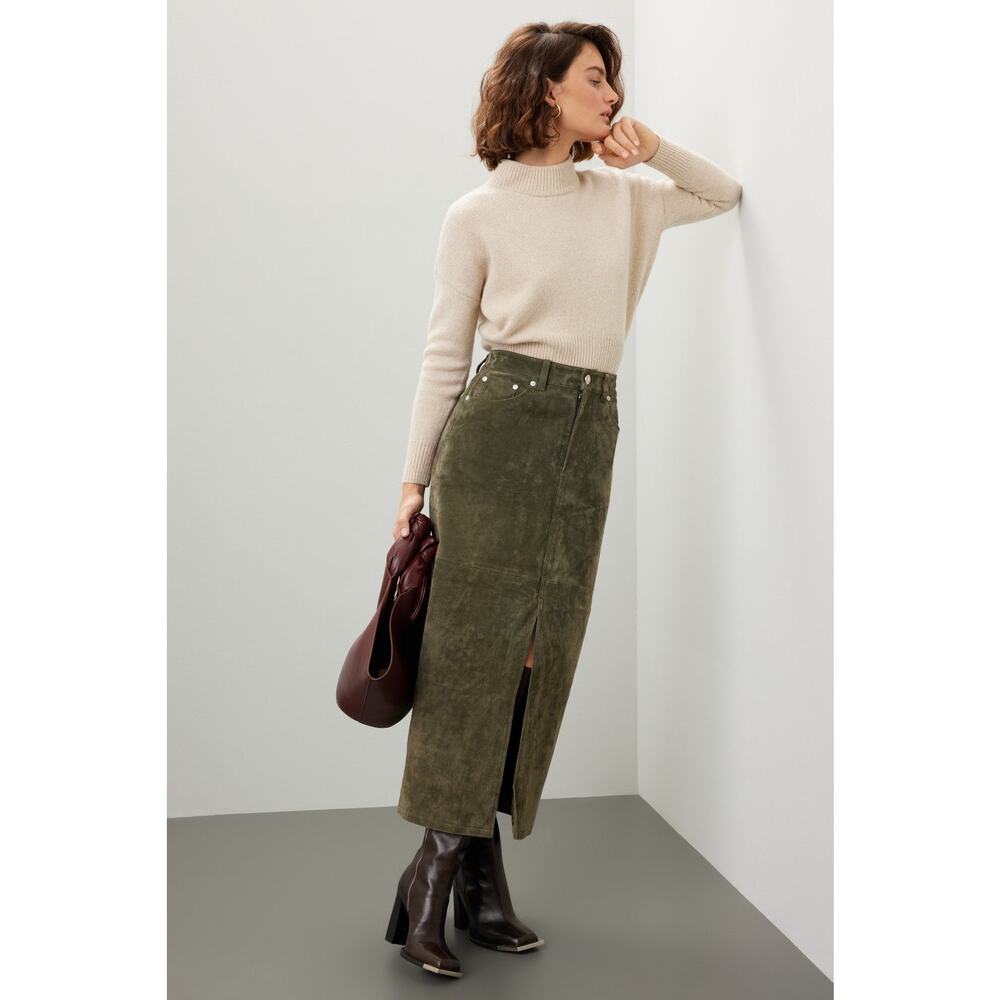 BlankNYC Hunter Green Retro Suede Leather Front Slit Pencil Midi Skirt Size 27 - Picture 6 of 16